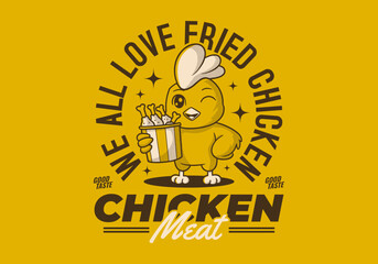 We all love fried chicken. Retro mascot character of chicken or rooster holding a cup of fried chicken