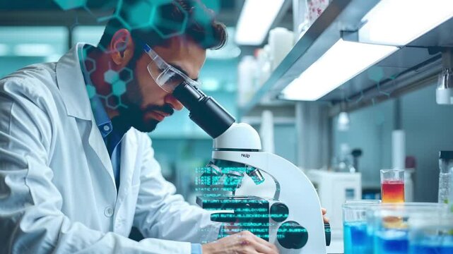 A male researcher is conducting research wearing a white lab shirt in front of a microscope - Science data overlay