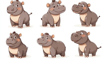 Cute Cartoon Hippopotamus Illustrations Set Animal Character Design