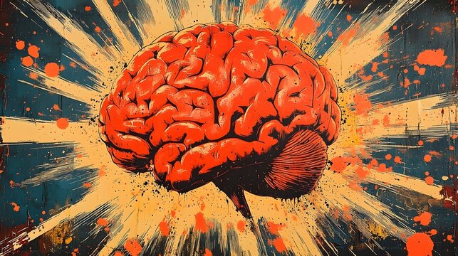 A vibrant, pop-art style illustration of a human brain exploding with color and energy.