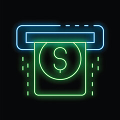 Green and blue neon glowing atm with dollar bill being withdrawn on a dark background