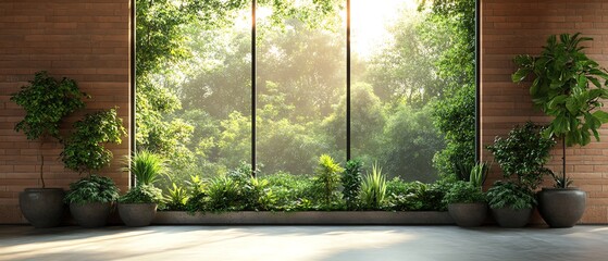 Interior design featuring an array of green plants in stylish pots, placed by a window that...