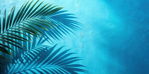 Minimalist shadows of palm leaves on blue wall