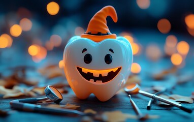 Playful tooth figurine in a spooky Halloween outfit, posed with dental tools, showcasing a creative and festive approach to dental health education