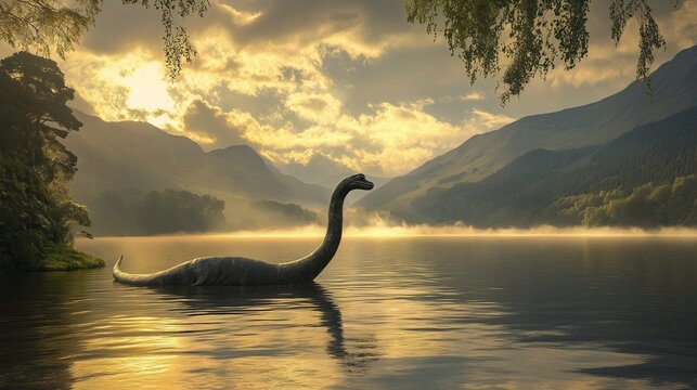 Loch Ness monster emerging from water.