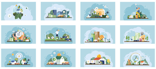 Sustainability concept. Shows various scenes promoting eco-friendly initiatives, renewable energy, and green living. Ideal for environmental awareness, renewable resources, community gardens