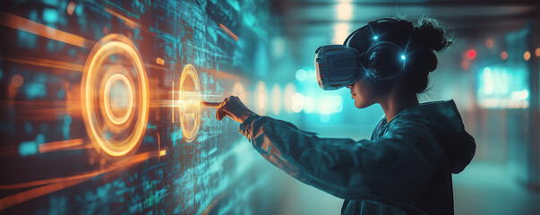 Futuristic scene where someone sets goals in a VR environment with targets