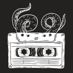 Octopus tentacles emerge from classic audio cassette. Hand drawn vector art in sketch style. Creative fashion illustration for print, tattoo.