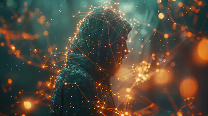 Anonymous Hacker Engaged in Cyber Warfare, Immersed in a Luminous Data Network, Cybersecurity and Cybercrime Interface