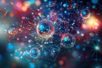 Abstract background featuring dynamic interactions atoms and molecules, ideal for chemistry and physics education.