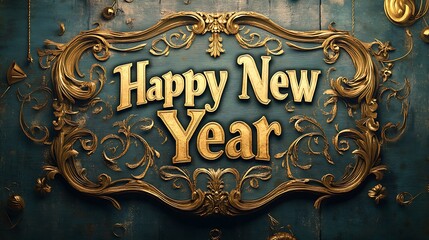Classic "Happy New Year" in ornate, old-fashioned typography with decorative scrolls, dark green and gold colors, slightly faded textures, intricate embellishments around the text,