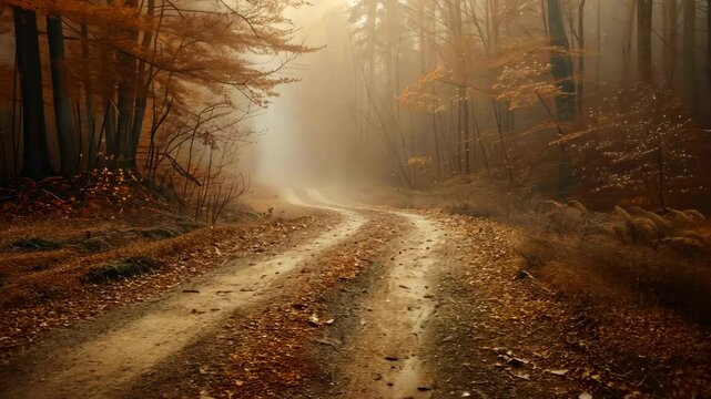 A dirt road winds through a foggy autumn forest