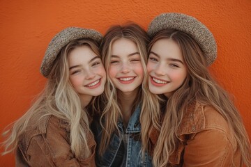 Fototapeta premium On an orange background, a mother and two daughters are happy
