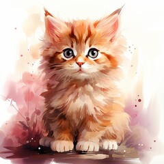 Adorable orange tabby kitten sitting among colorful flowers in a vibrant watercolor painting