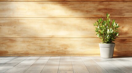 Serene indoor space featuring a potted plant against a warm wooden wall perfect for minimalist decor inspiration and natural ambiance