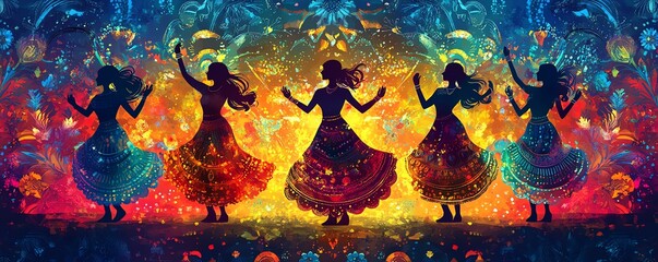 Colorful Dandiya night banner with a backdrop of traditional Indian patterns, inviting everyone to join the Garba dance celebration during the festival
