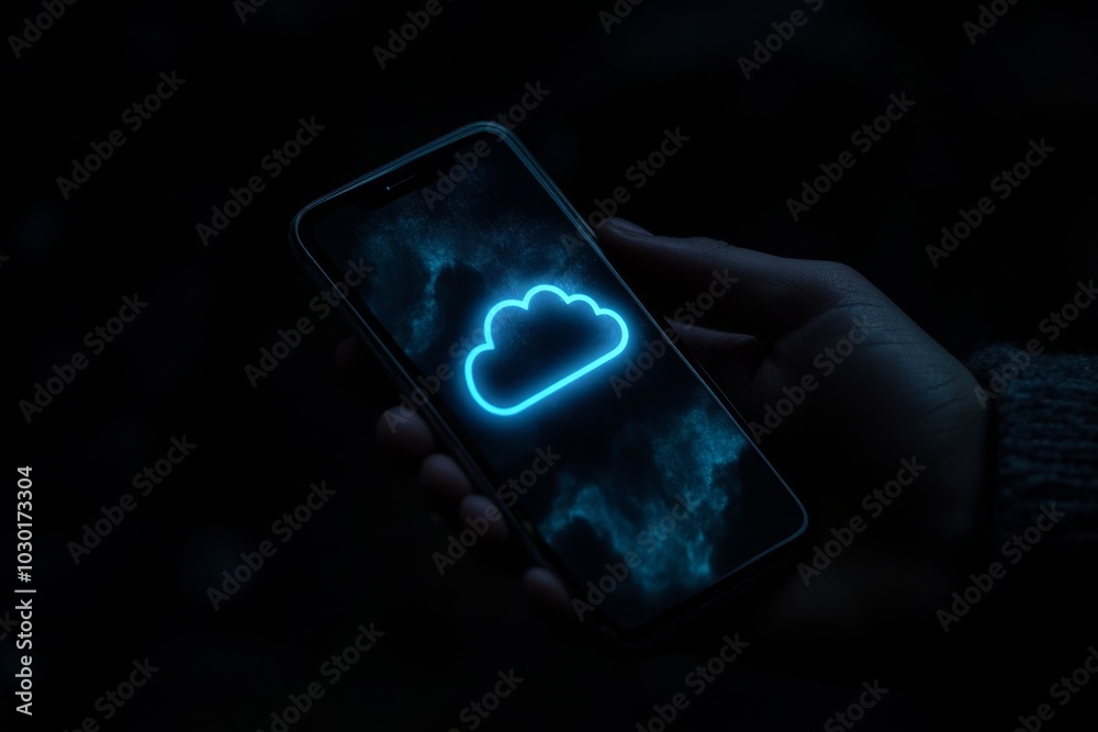Poster using a mobile phone with virtual cloud computing, a businessman transfers data information and uplo