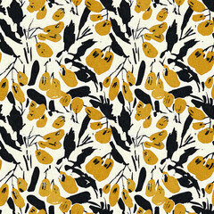 Modern printed fabric wildflower blockprint pattern with linen fabric textures. Stylized hand drawn boho dark florals for decorative design elements in repeatable background tile.