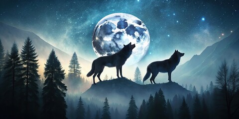 Naklejka premium Minimalist triple exposure of wolves in forest and mountains at night with full moon and stars