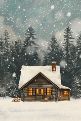 Naklejka premium Magical Night in the Forest: Cozy House Amidst Snow and Frosty Spruce Trees for 2025