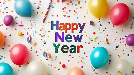 Festive "Happy New Year" text surrounded by shiny, floating balloons in various pastel colors, party poppers exploding with vibrant confetti, colorful streamers swirling around,