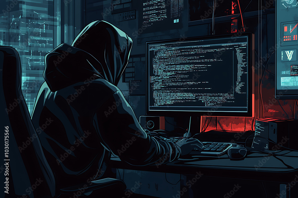Poster a hooded figure working on a computer, immersed in coding and digital data.