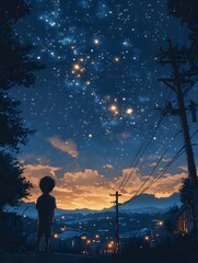 Fototapeta premium A young boy gazes up at a starry sky, filled with twinkling lights, as the last hues of sunset paint the horizon.