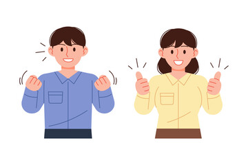 A female office worker and a male office worker are posing in a cheering pose. Thumbs up, confident pose.