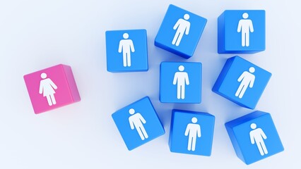 3d rendering of a group of blue cubes with white male symbols and a pink cube with a white female symbol. It represent a gender imbalance or a minority group within a larger population.
