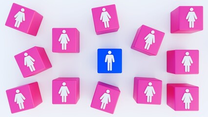 3d rendering of a single blue cube representing a male surrounded by multiple pink cubes representing females. 