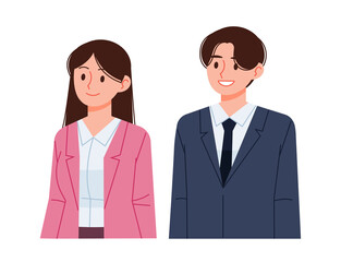 Professional Asian male and female office workers are standing with smiling expressions.
