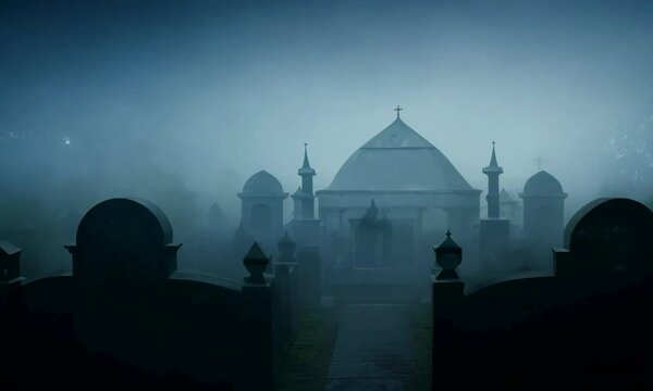 shot with spectral presence: The camera starts high above a fog-filled cemetery with spectral presence among the gravestones. The camera descends slowly, revealing the demon&rsquo;s figure lurking in the sh