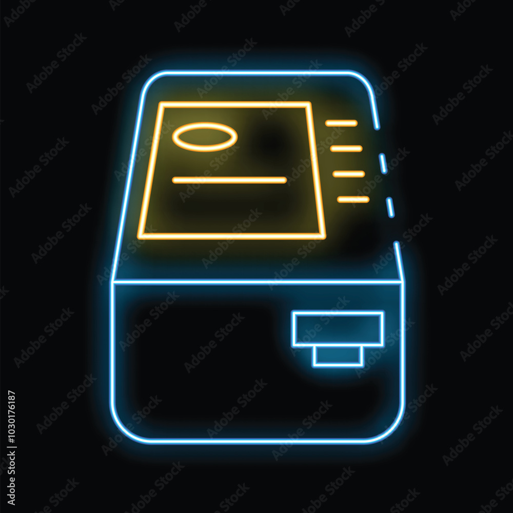 Poster glowing neon atm machine displaying payment information with illuminated touchscreen and card reader