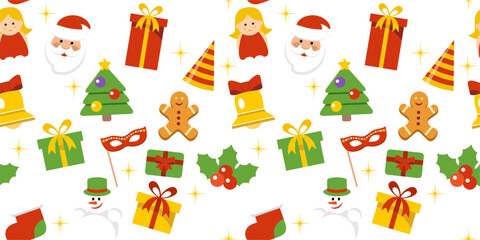 pattern with Christmas gifts, trees, bells and Santa Claus