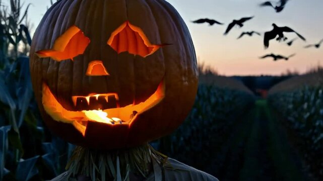 A pumpkin-headed scarecrow stands guard over a haunted cornfield, its carved face flickering with an unnatural light. Crows circle above as the rustling