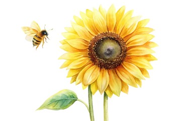 Obraz premium Minimalist watercolor painting, sunflower, bee, isolated, white background