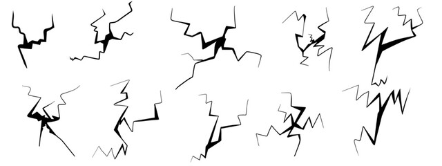Ground cracks set. Earthquake and ground cracks, hole effect, craquelure and damaged wall texture. Vector illustration isolated on transparent background.