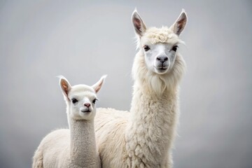 Fototapeta premium Minimalist white alpaca with offspring South American mammal