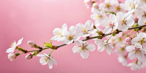 Fototapeta premium Minimalist white cherry blossoms on a pink background with open buds