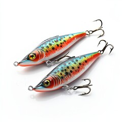 Polyurethane fishing bait with treble hooks for pike and zander shot on white background