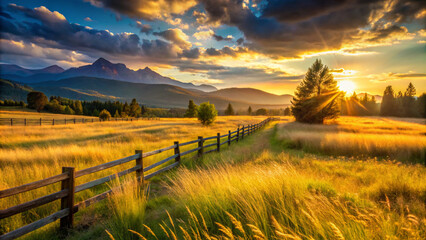 Obraz premium sunset in the mountains. landscape, sky, field, grass, mountain, nature, meadow, summer, green, tree, clouds, cloud, hill, countryside, agriculture, rural, forest, view, sunset, road, spring, scenic, 