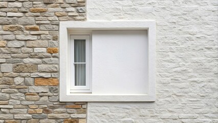Minimalist white wall, single white framed window, stone trim