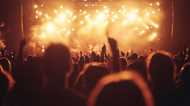 Vibrant summer music festival atmosphere, energetic crowds enjoying live performances, colorful stage lights illuminating the night, a celebration of music and unity.