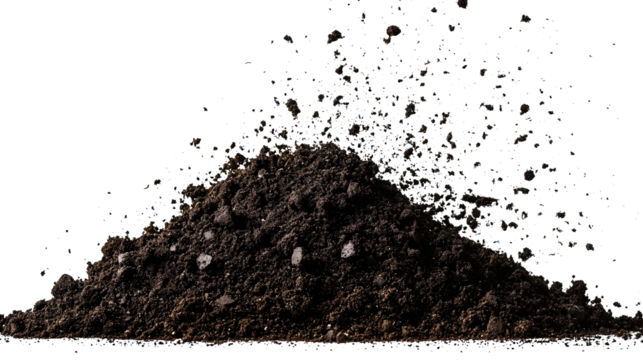 Soil dirt flying pile scattered isolated on white background