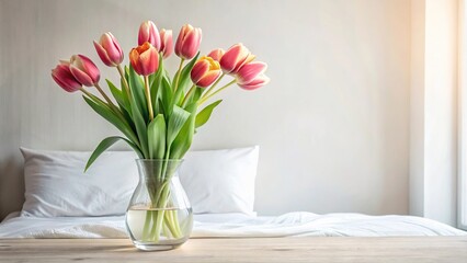 Fototapeta premium Minimalistic bedroom decor with tulip flowers in vase close-up