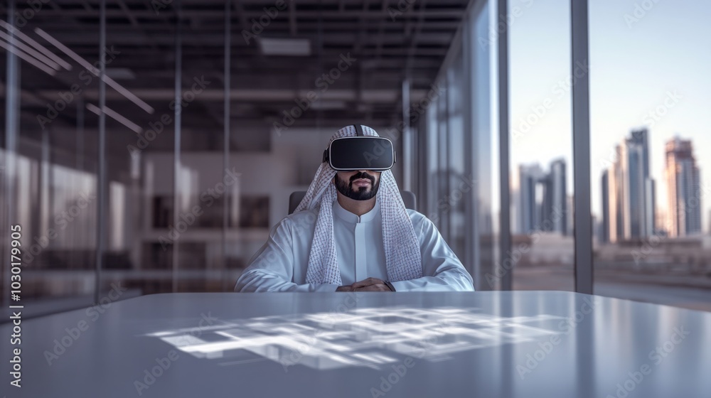 Poster a man is seated at a table in an office, wearing a vr headset and looking at the projected hologram 