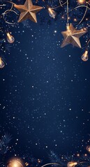 Fototapeta premium Festive golden stars and twinkling lights decorate a dark background for holiday celebrations