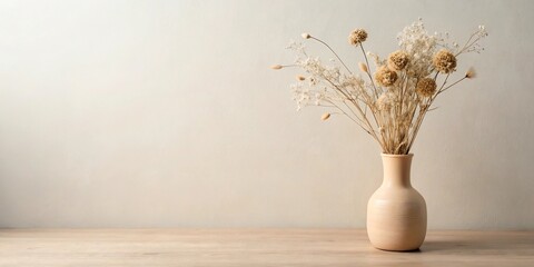 Minimalistic natural background beige rounded vase with dried flowers and plants clean wall with copy space asymmetric composition Extreme Close-Up