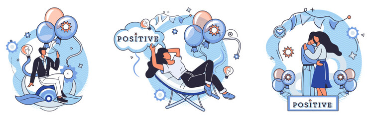 Positive thinking. People engage in uplifting activities such as relaxation, companionship and celebration. Ideal for mental well-being, motivation, self-care, relationships, happiness. Pastel pop