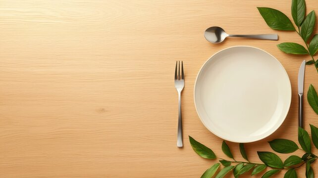 Elegant polished wood table set for dinner, featuring an open space at the top for customizable text.